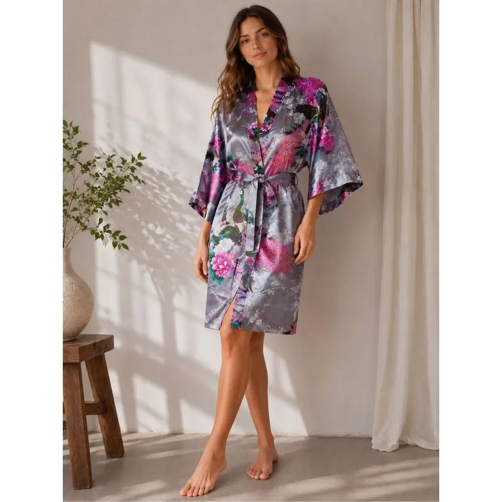 Singapore Silk Fell Silk Peacock Floral Kimono Robe One Size Adult M L Gray Pink